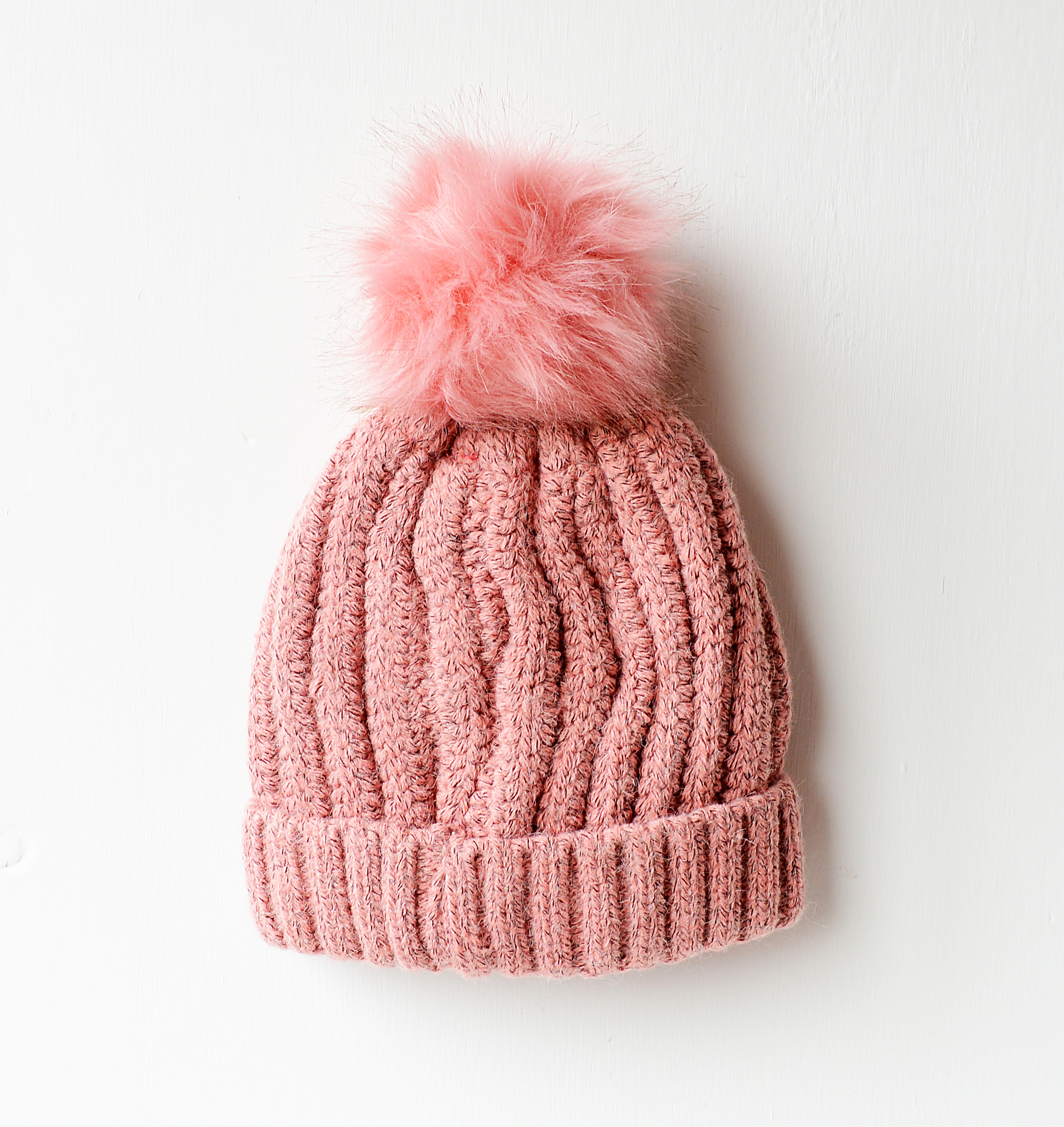 Pink Knitted Hat with Faux Fur Pom Pom 
